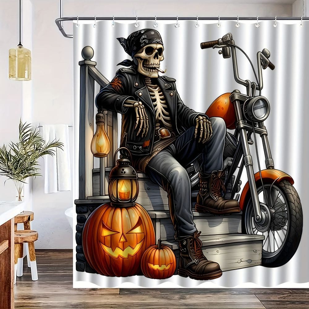 Cortina de chuveiro Skeleton Biker Halloween 180x200cm poliéster