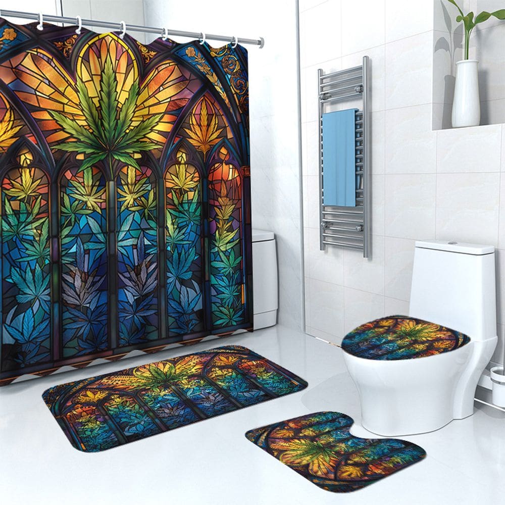 Conjunto de cortinas de chuveiro em folha de vitral com tapete de banho e tapete