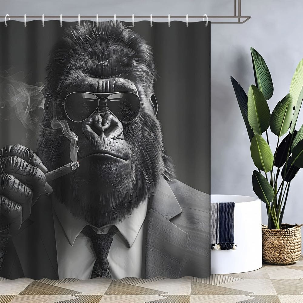 Cortina de chuveiro impermeável preta branca Gorilla Art 180x200cm