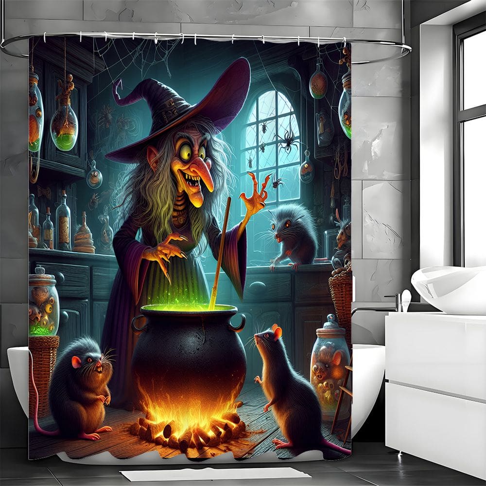 Conjunto de cortinas de chuveiro Witch and Potion Halloween com tapetes
