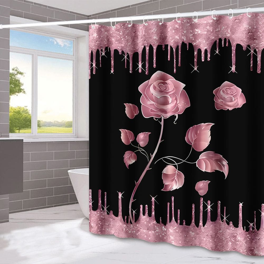 Cortina de chuveiro impermeável poliéster rosa floral