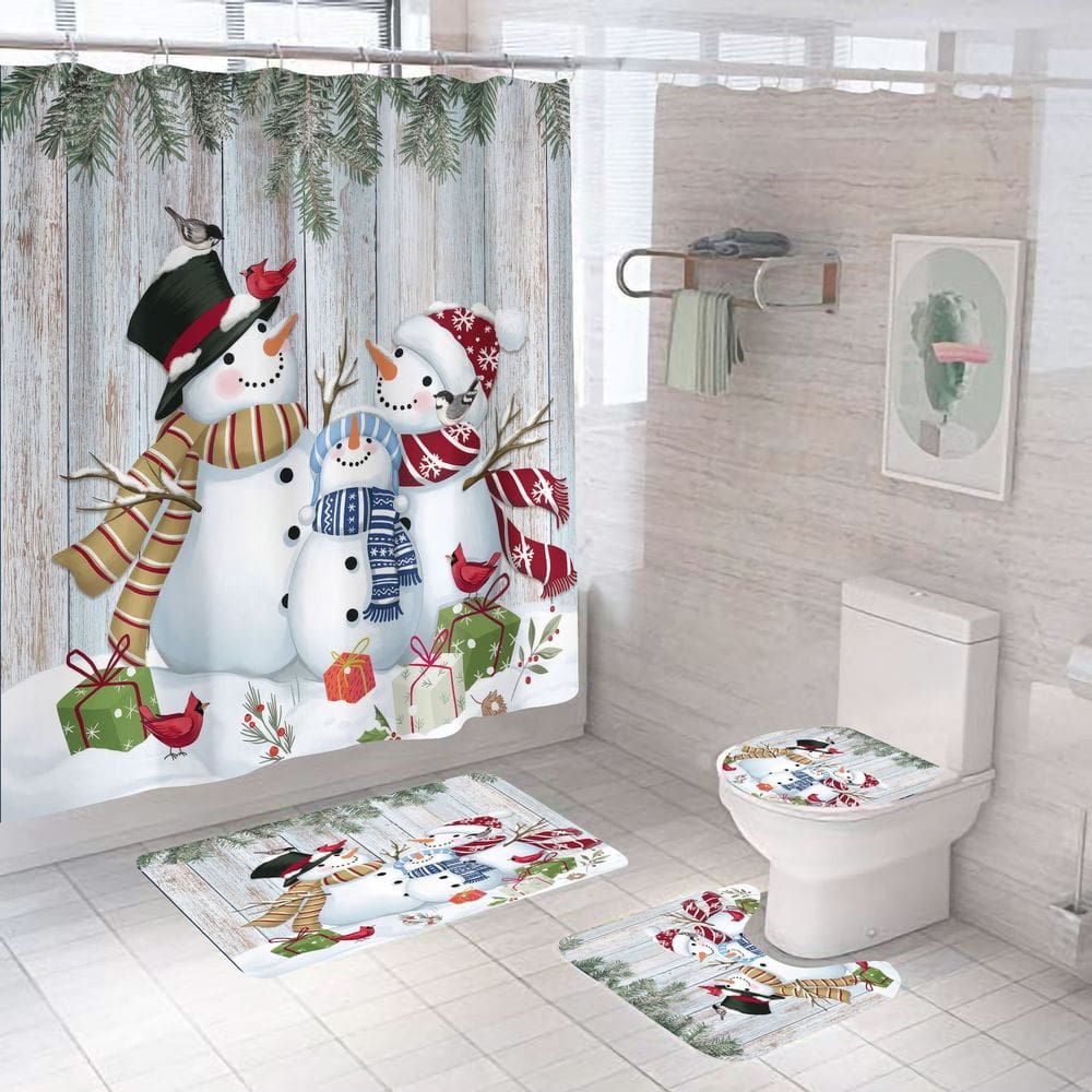 Conjunto de cortinas de chuveiro impermeável para banheiro, boneco de neve, inverno, 4 peças