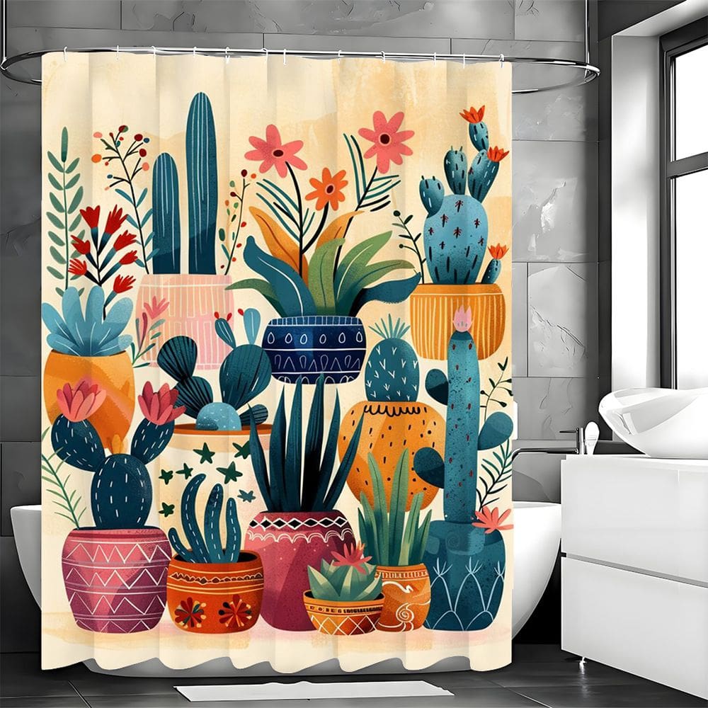Cortina de chuveiro colorida com design de plantas em vaso de cactos 180x200cm