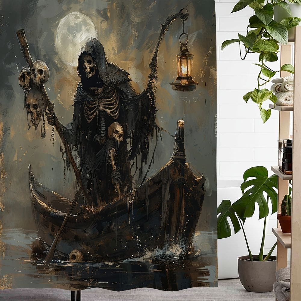 Cortina de chuveiro vintage Halloween Skull Lantern Boat