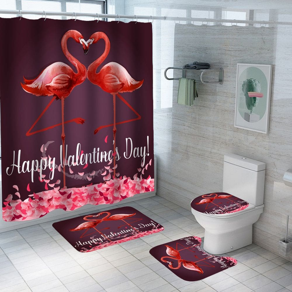 Conjunto de cortinas de chuveiro Flamingo de Dia dos Namorados com tapete de banho