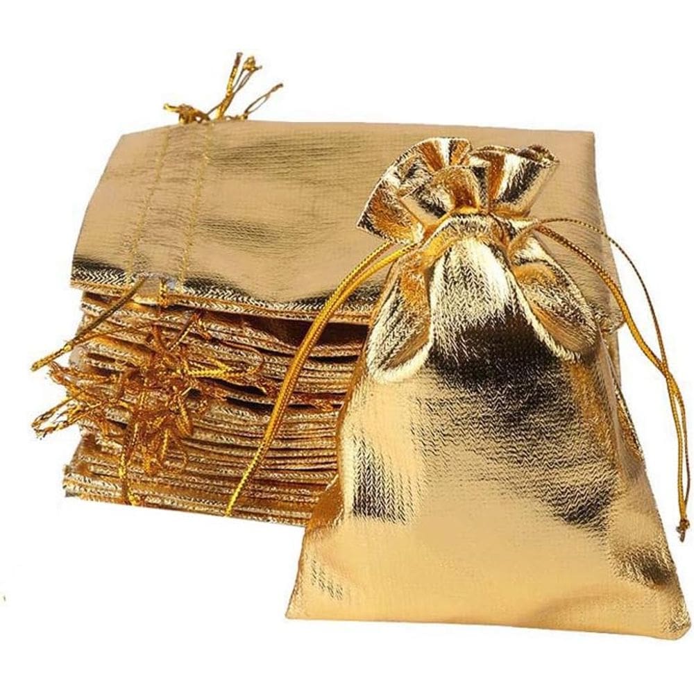 Conjunto de sacolas de presente, tecido metálico revestido de ouro e prata, 100 unidades