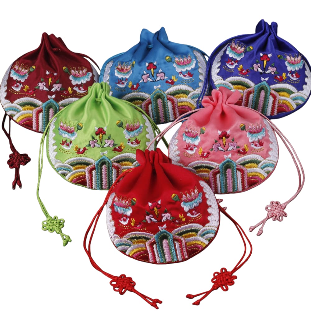 Conjunto de sacolas de presente bordadas tradicionais com 6 bolsas com cordão