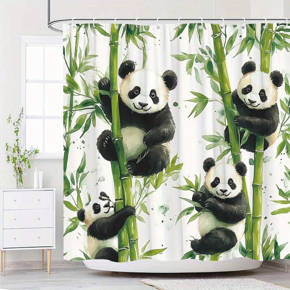 Cortina de chuveiro em aquarela Panda Bamboo Print Poliéster