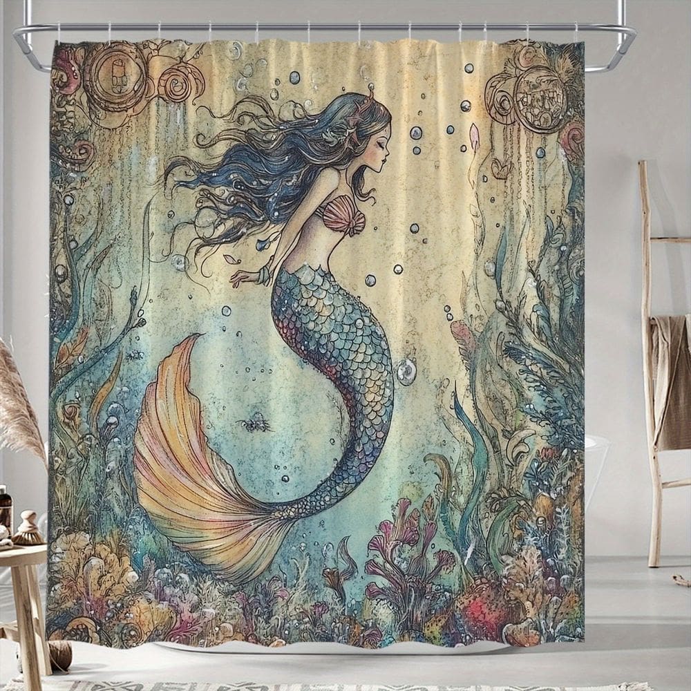 Cortina de chuveiro Dreamy Mermaid em aquarela 180x200cm com ganchos