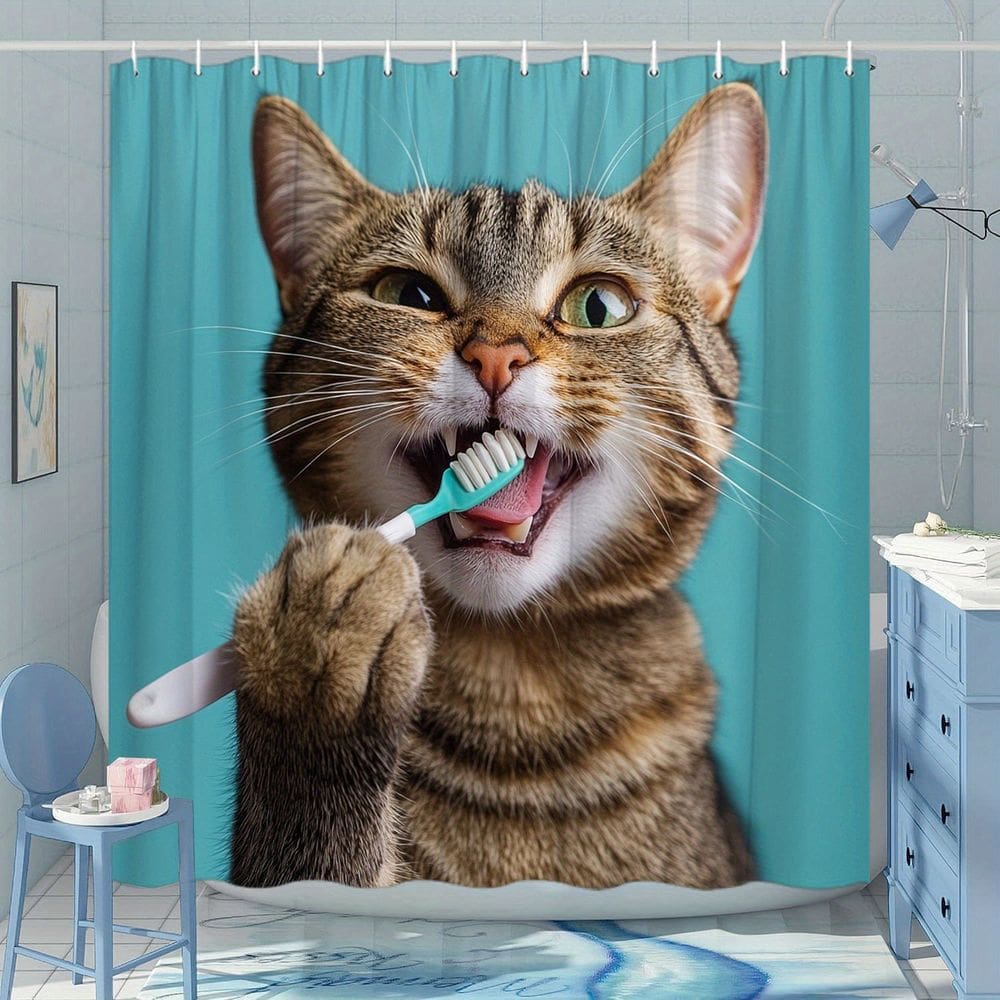 Cortina de chuveiro Tabby Cat com escova de dentes 180x200cm poliéster
