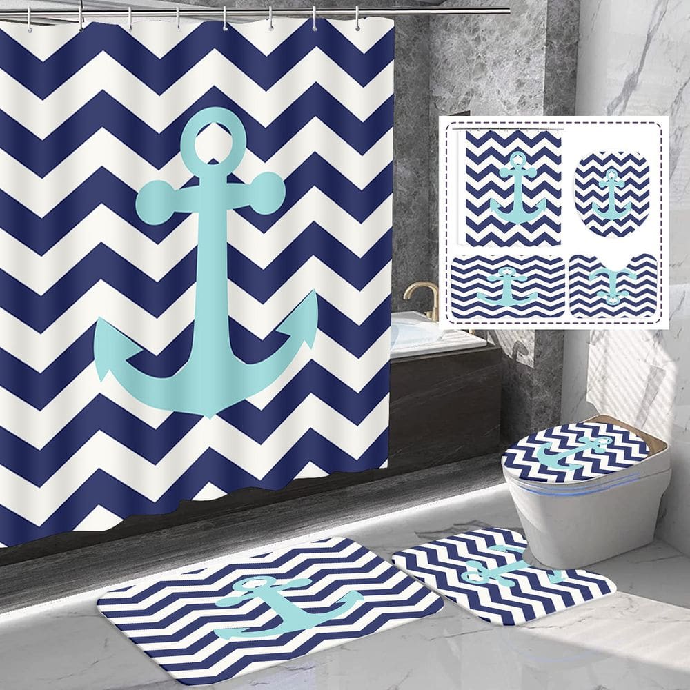 Conjunto de cortinas de chuveiro Nautical Anchor Chevron com tapetes de banho