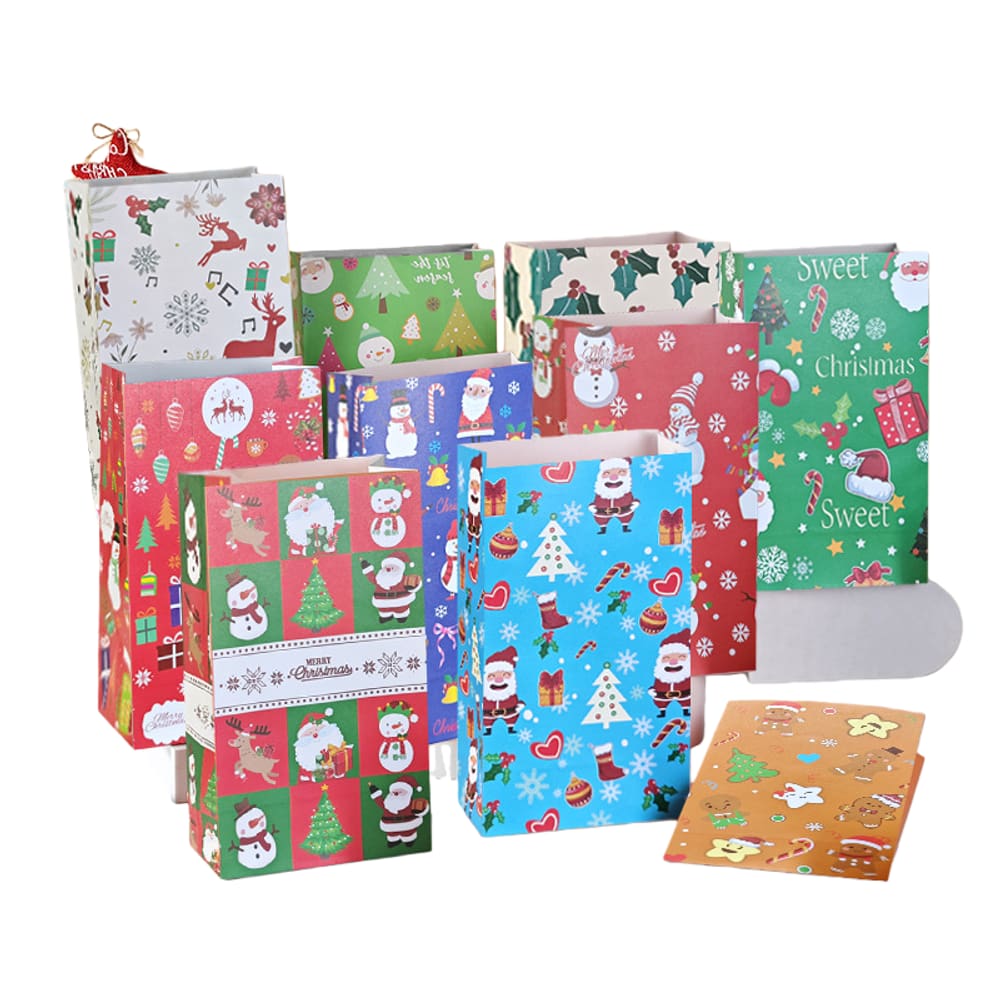 Conjunto de sacolas de presente Kraft de Natal, 12 peças, 13x8x22cm, estampas variadas