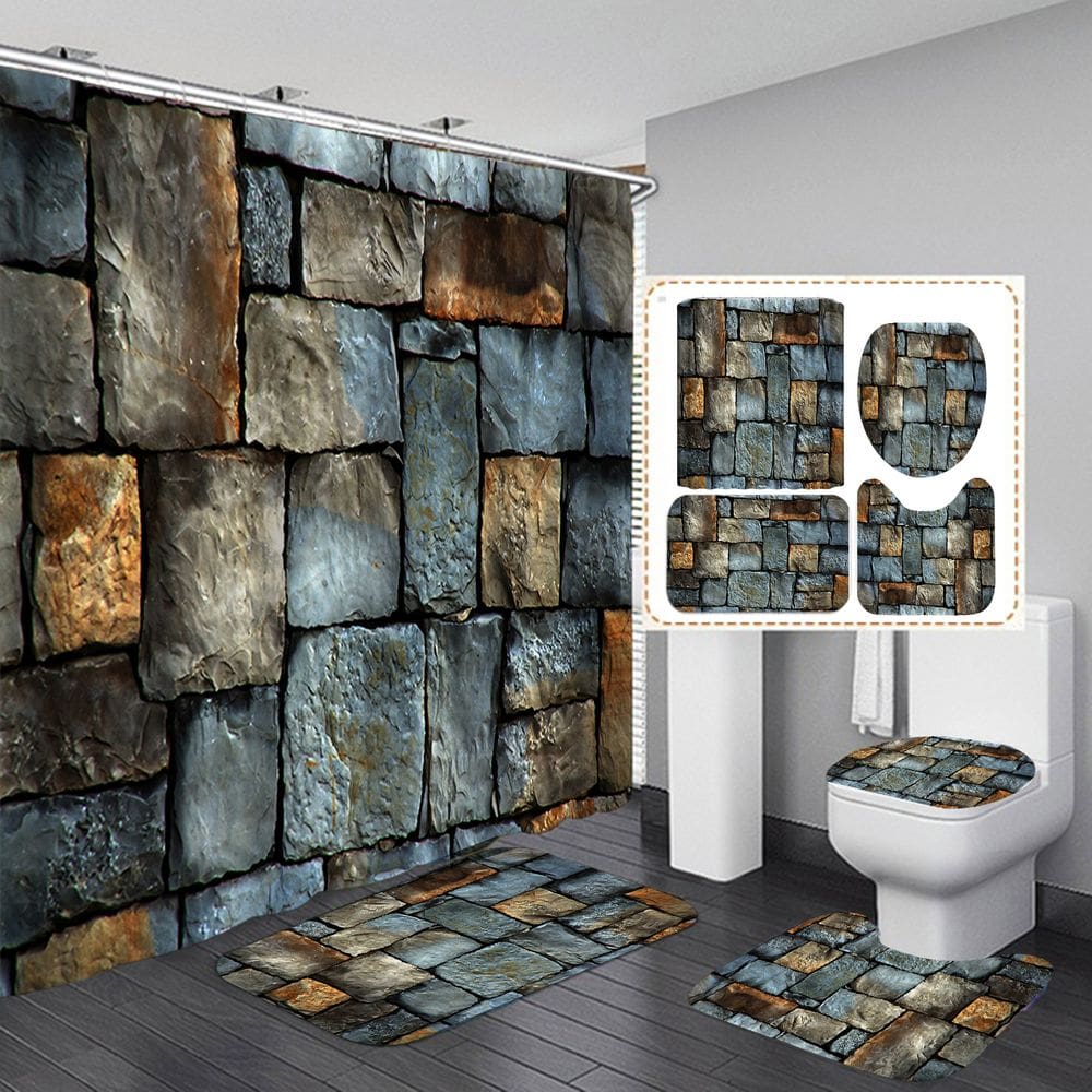 Conjunto de cortinas de chuveiro Stone Pattern Rock Wall 4 unidades
