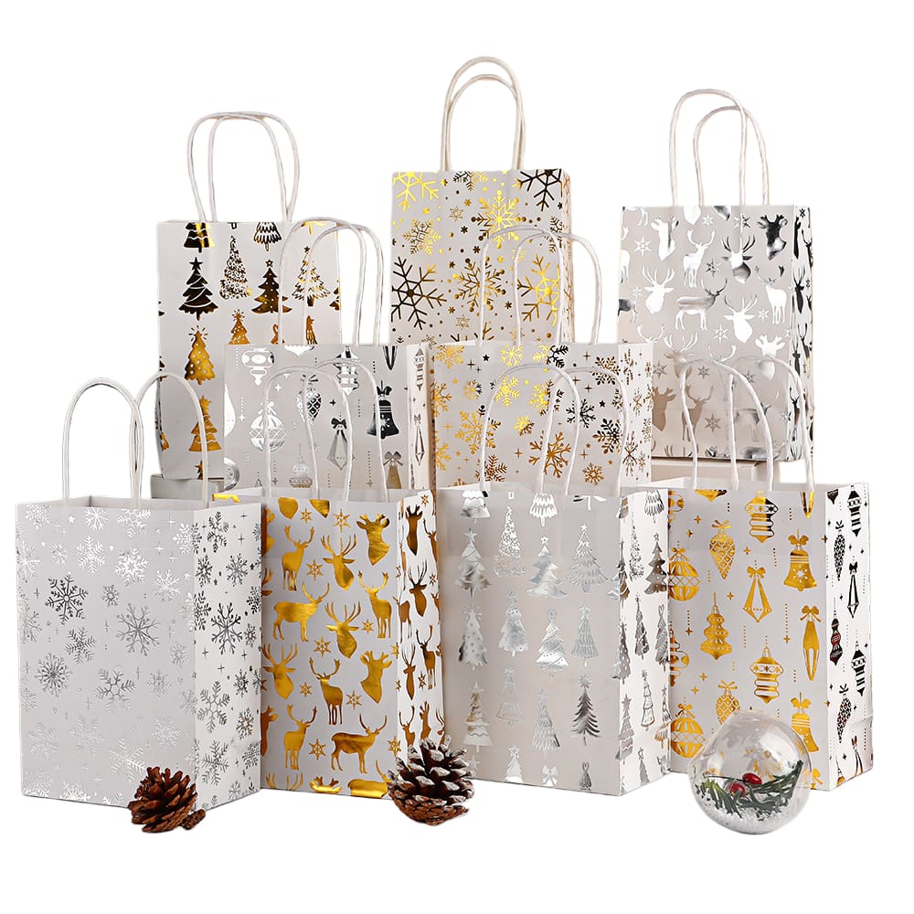 Conjunto de sacolas de presente de Natal, papel kraft branco, 15x8x21cm, 12 unidades