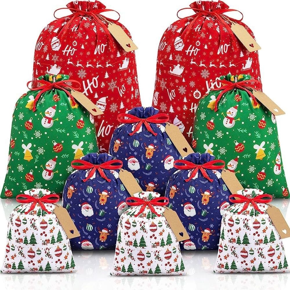 Conjunto de sacolas de presente com cordão de tecido de Natal, 10 peças pequenas, 10 x 15 cm