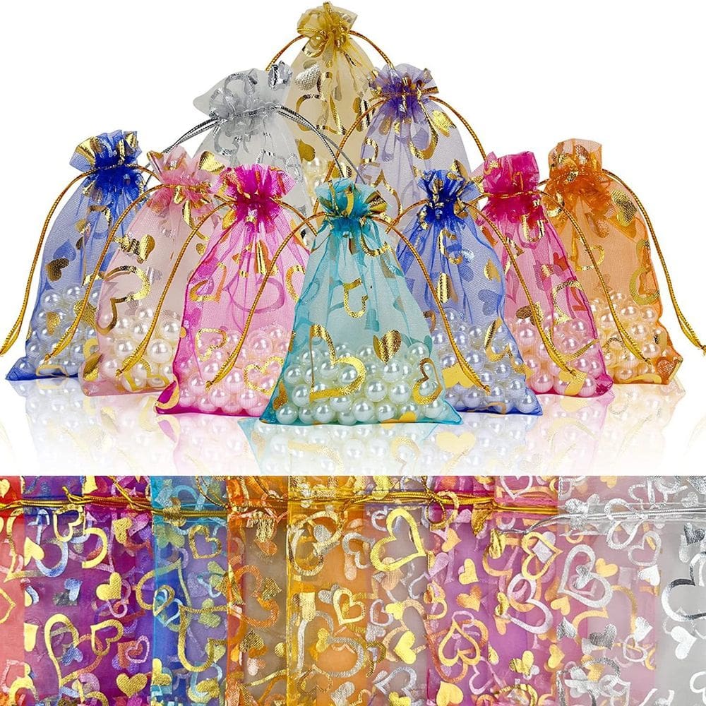 Conjunto de sacolas de presente de organza com cordão dourado, coração dourado, 100 unidades