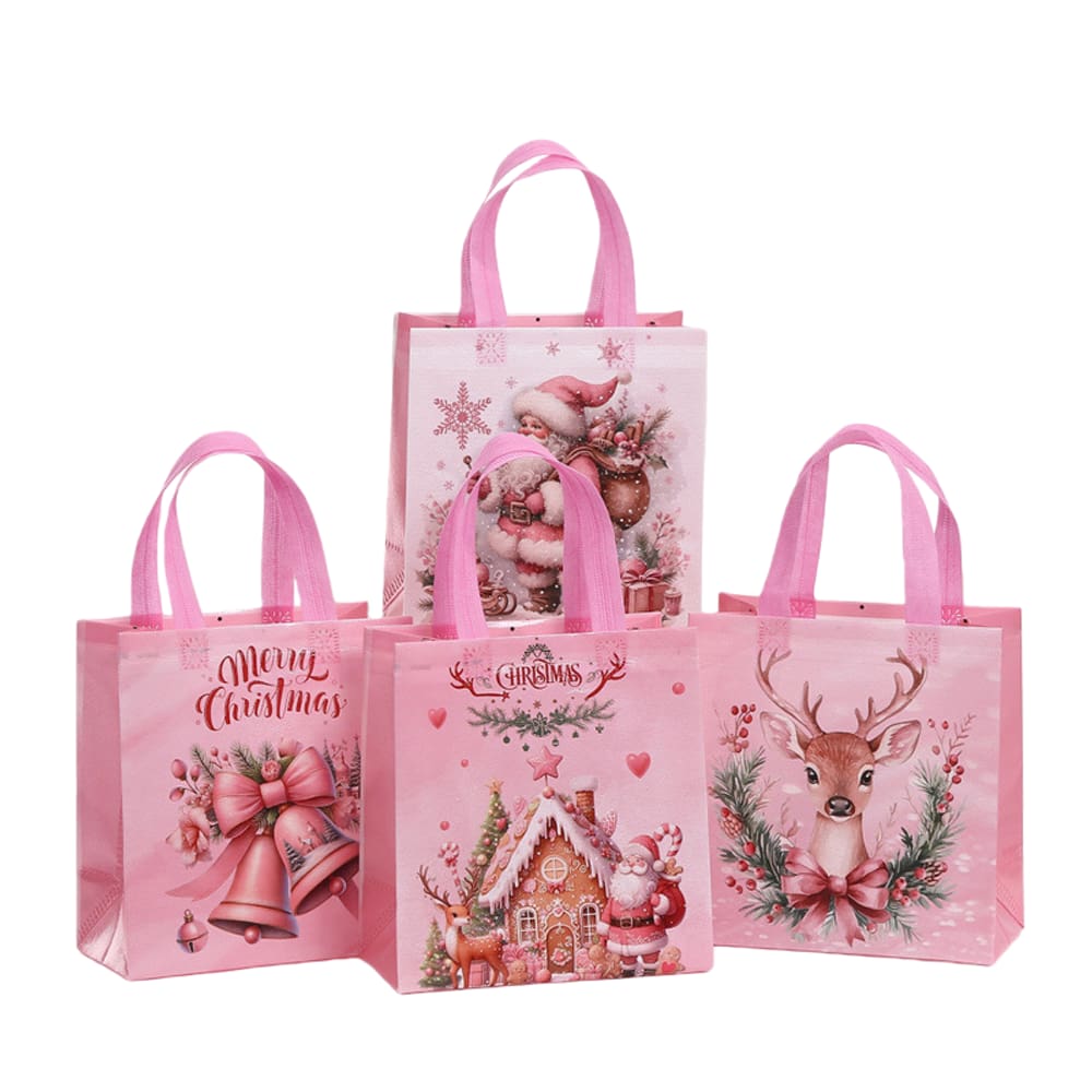 Sacolas Pink Santa não tecidas reutilizáveis 23x22x11cm, pacote com 12
