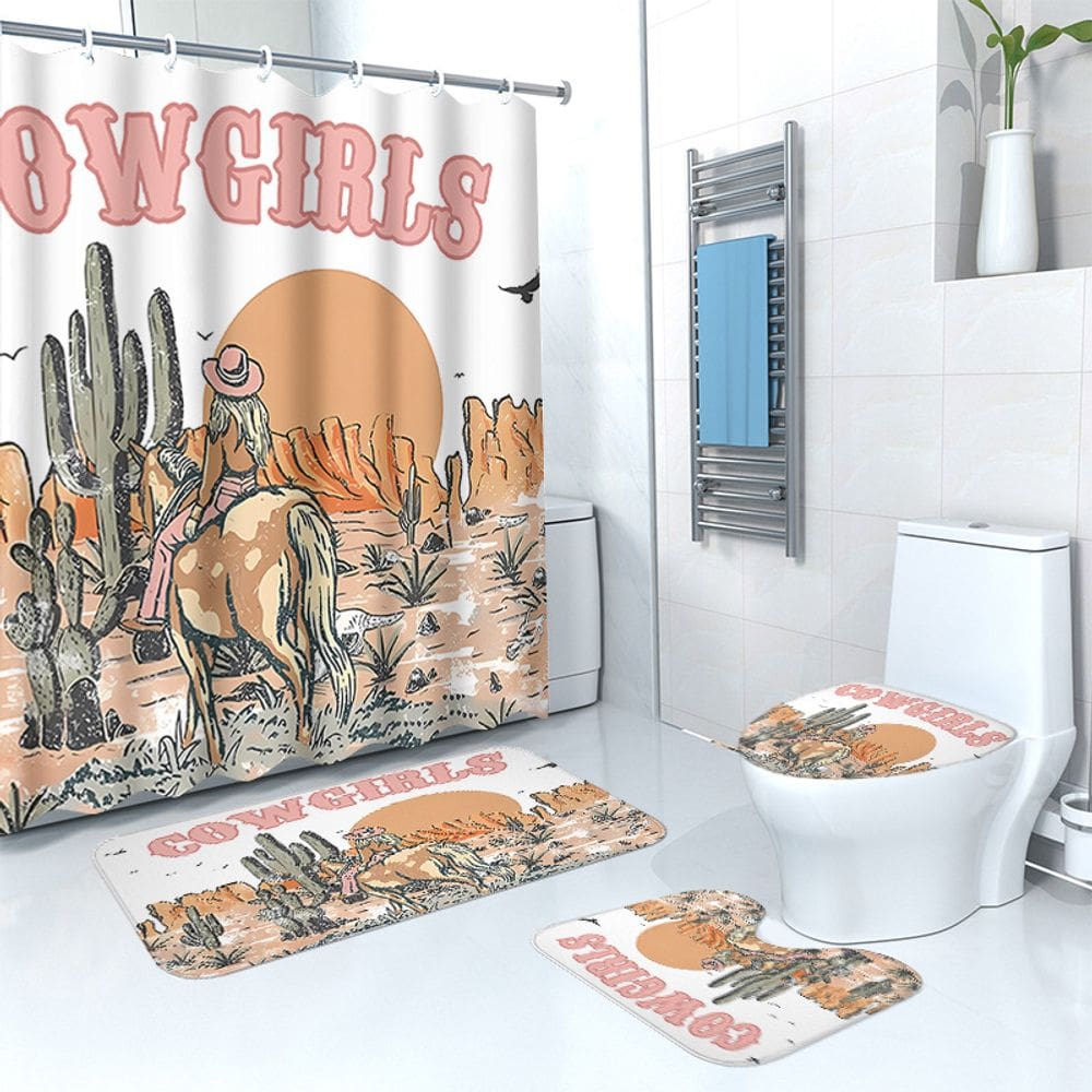 Conjunto de cortinas de chuveiro Cowgirl à prova d`água de poliéster 4 unidades