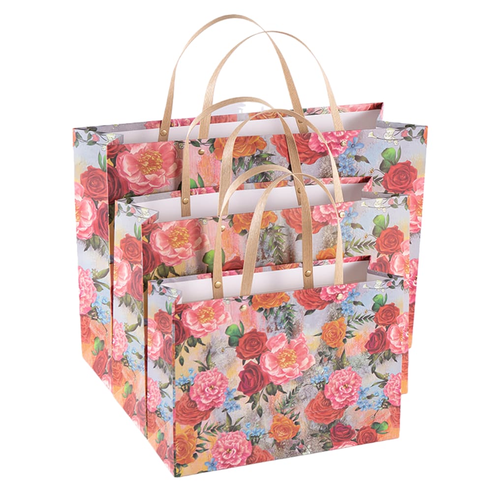 Saco de presente Vintage Rose Kraft Cardstock, pacote com 3 unidades (S: 28x20x10cm)