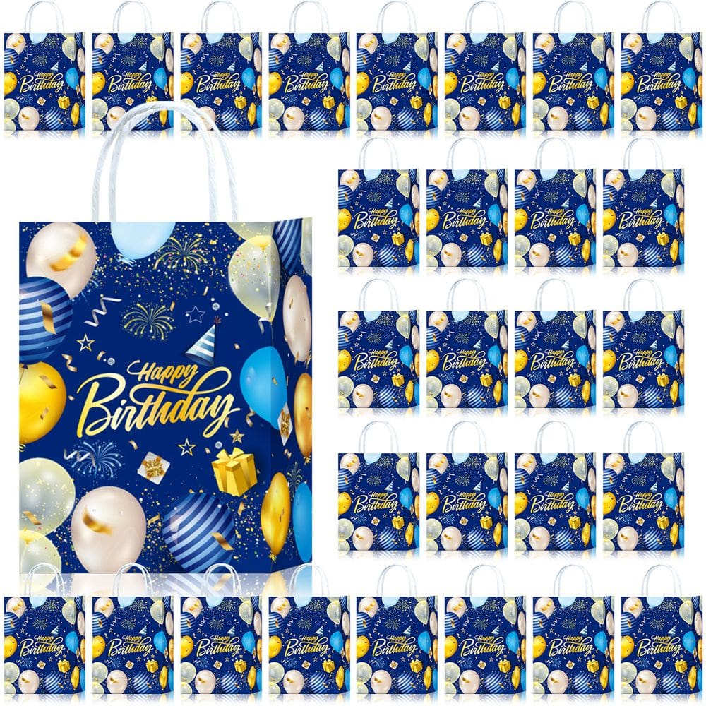 Saco de presente: papel kraft branco de aniversário azul, 15x8x21cm, pacote com 10