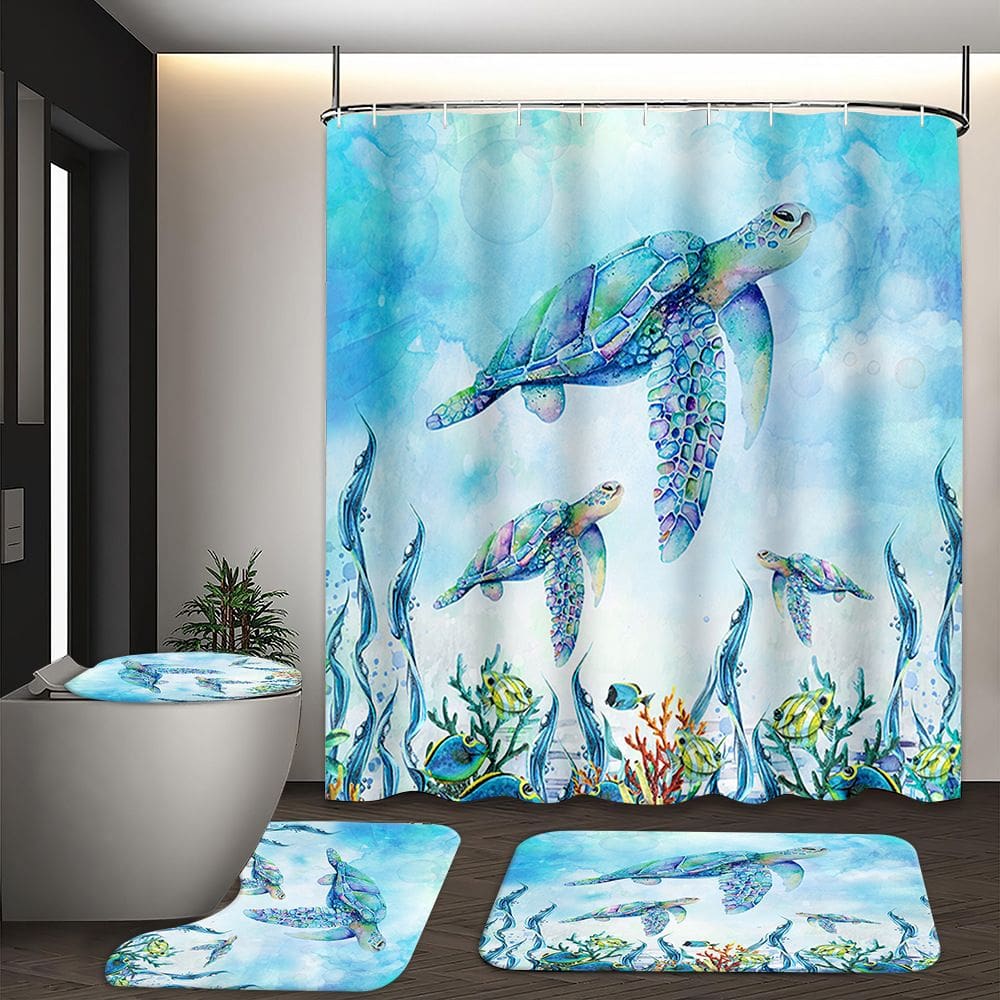 Conjunto de cortinas de chuveiro Turtle de 4 peças com tapete e tapete de banho