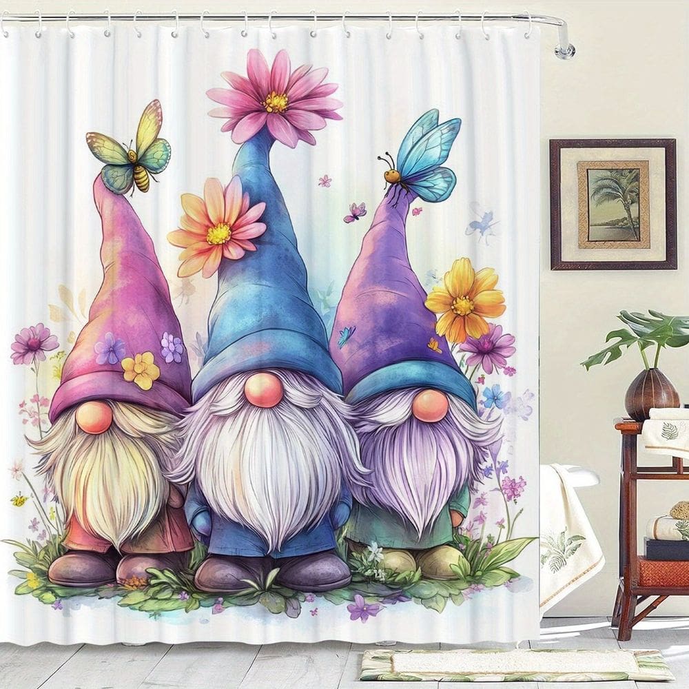 Cortina de chuveiro impermeável Gnome Floral 180x200cm com ganchos