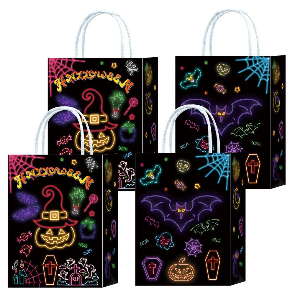 Sacola de presente Halloween Bat Pumpkin White Kraft Packer, pacote com 12