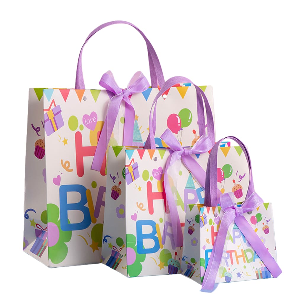 Conjunto de sacola de presente, papel cartolina de aniversário, 3 tamanhos com alça