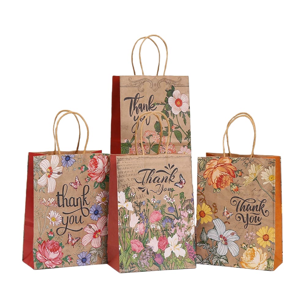 Conjunto de sacolas de presente de papel kraft floral vintage 15x8x21cm (50 unidades)