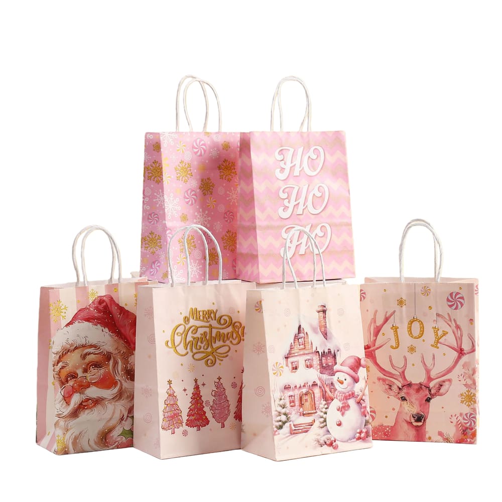 Sacos de presente, papel kraft rosa de Natal com alças, pacote com 24