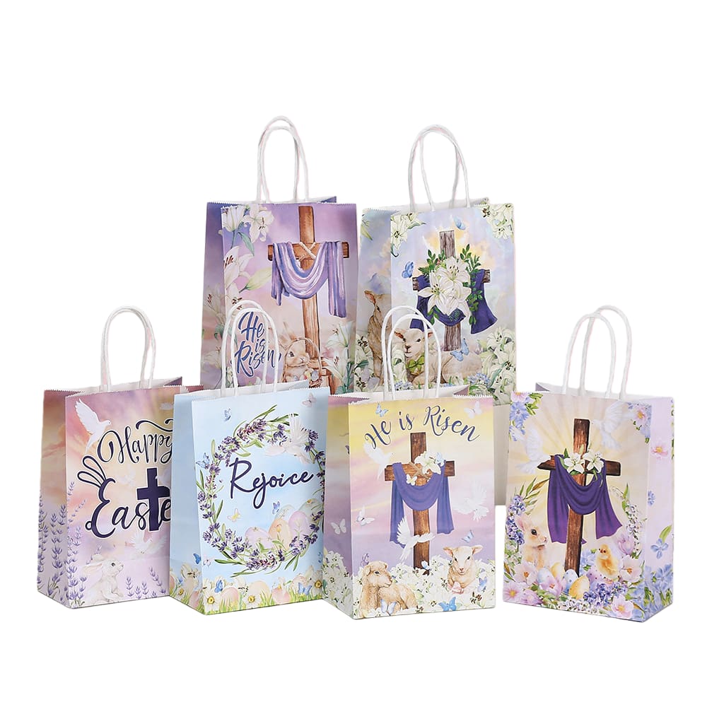 Pacote de 12 sacos de papel Kraft de Páscoa com estampas coloridas 21x15x8cm