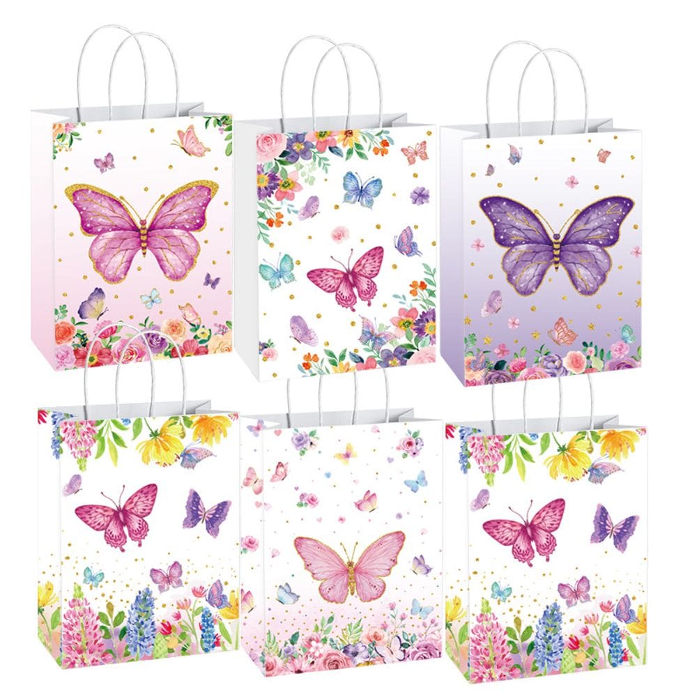 Bolsa de presente, papel kraft branco, estampa de borboleta, 10 unidades
