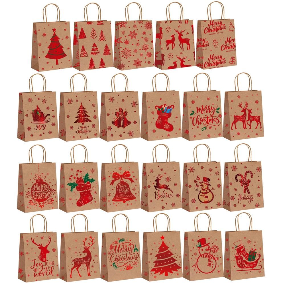 Sacola de presente de Natal, papel Kraft, bolsa de transporte com alças, 10 unidades