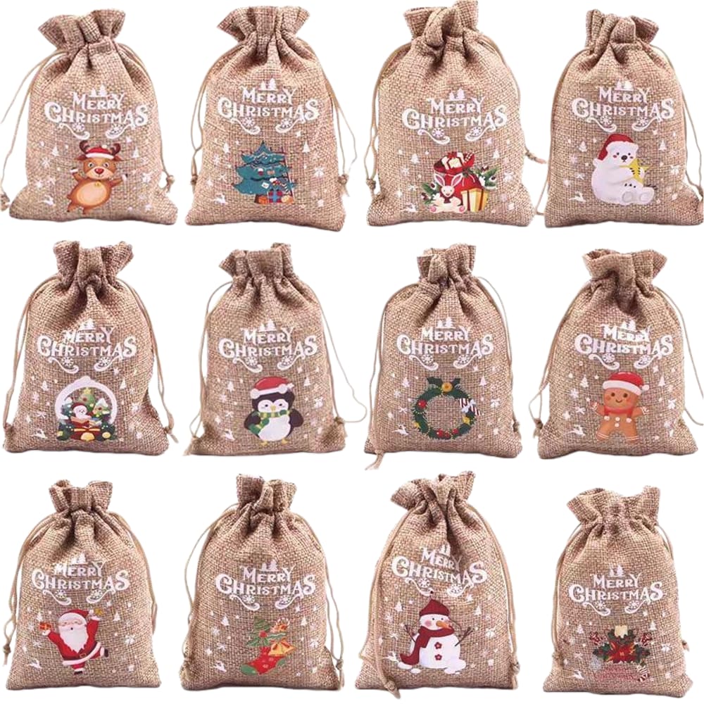 Conjunto de sacola de presente com cordão em estilo tela de Natal, 12 unidades