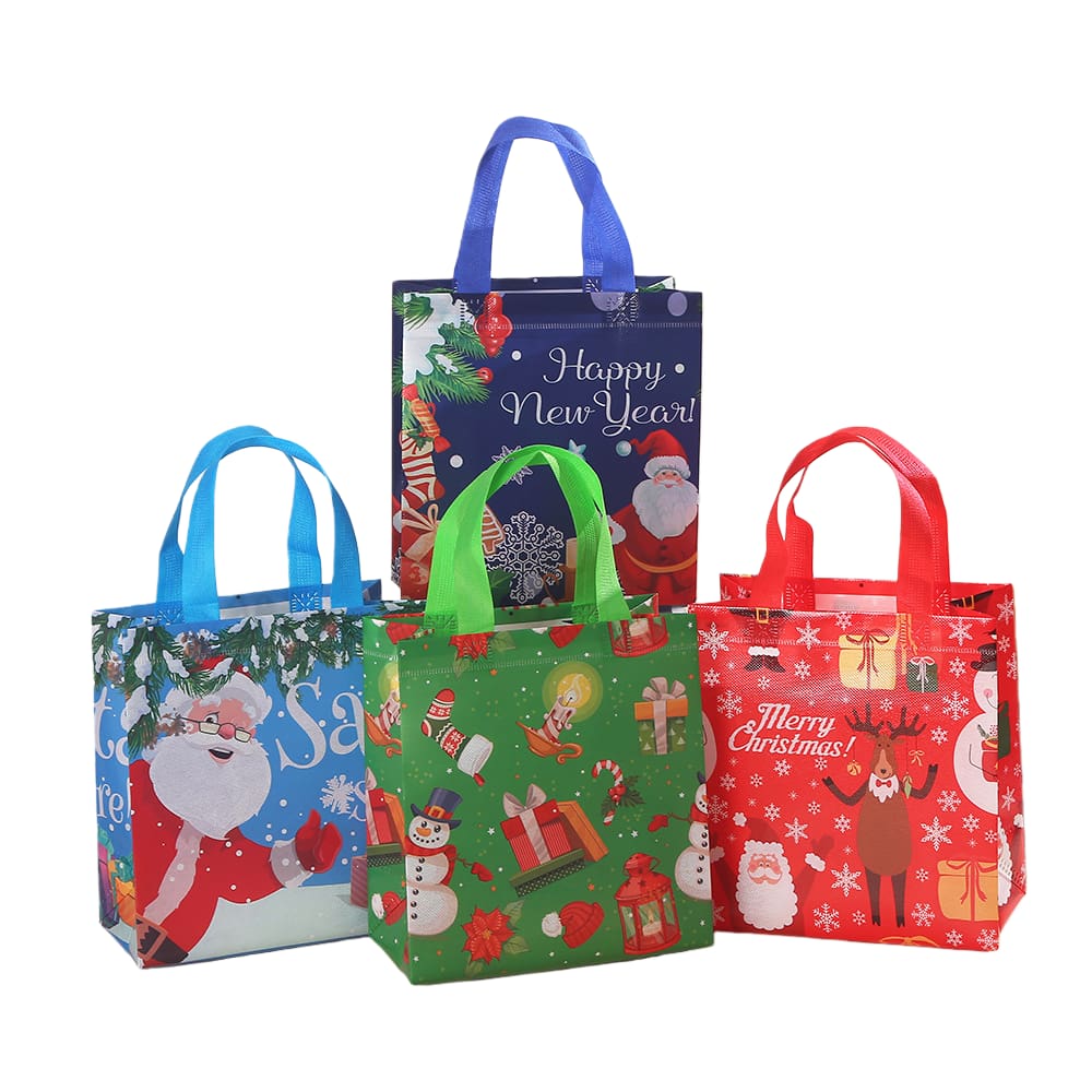 Sacolas para festas de desenhos animados de Natal não tecidas 29x27x12cm 12 unidades