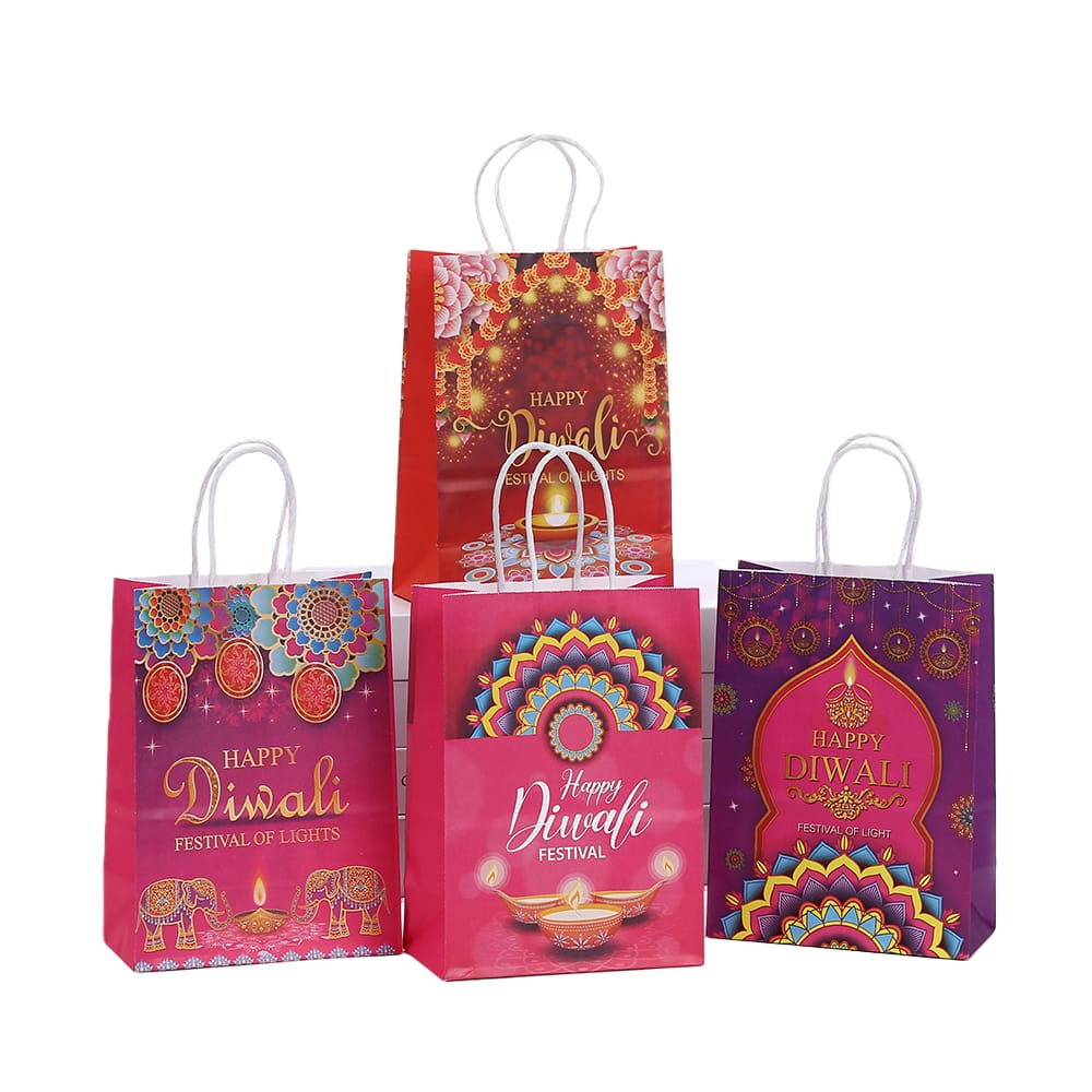 Sacolas Kraft Paper Diwali Print, pacote com 12, 21x15x8cm