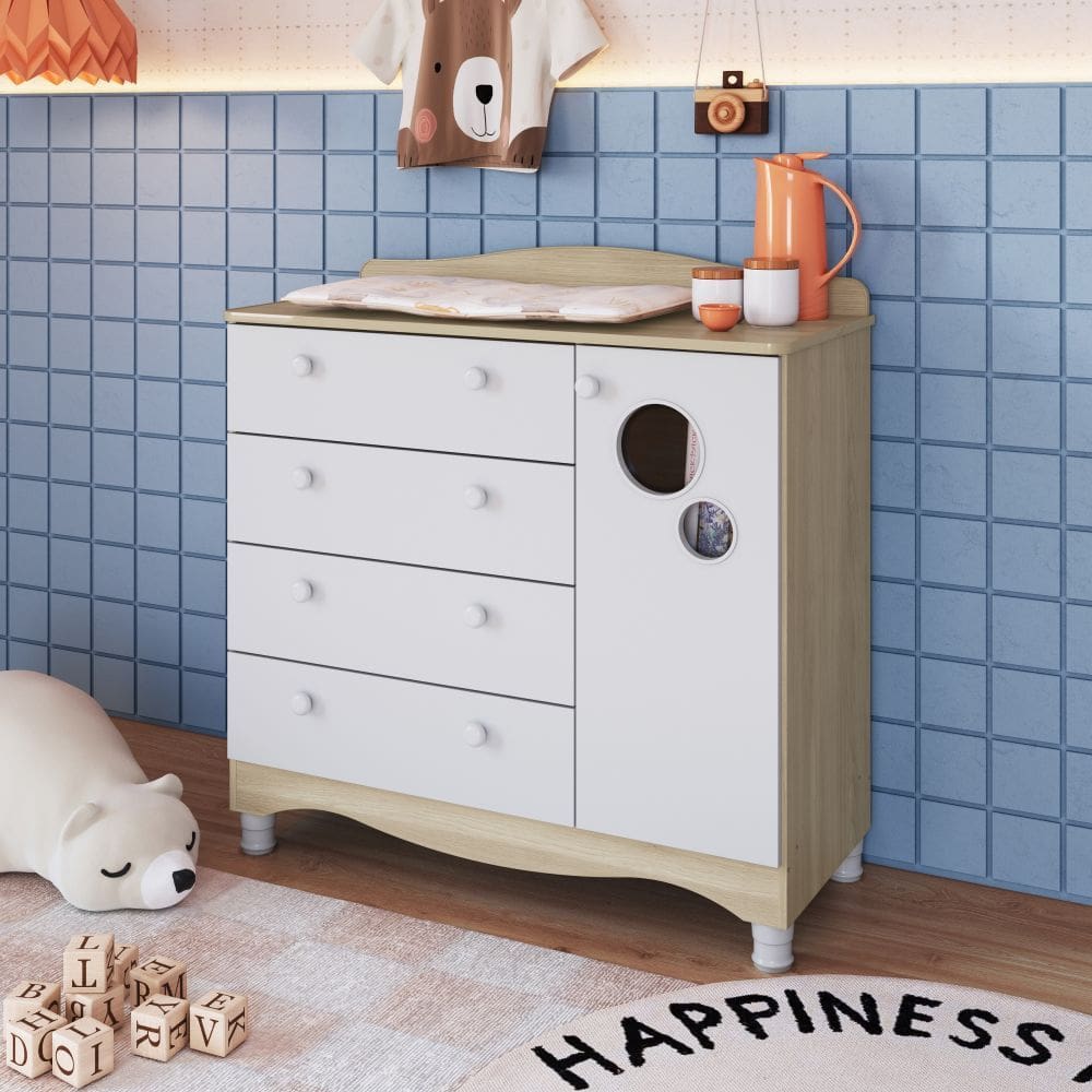 Comoda Infantil 4 Gavetas 1 Porta com Pes Encanto Completa Moveis