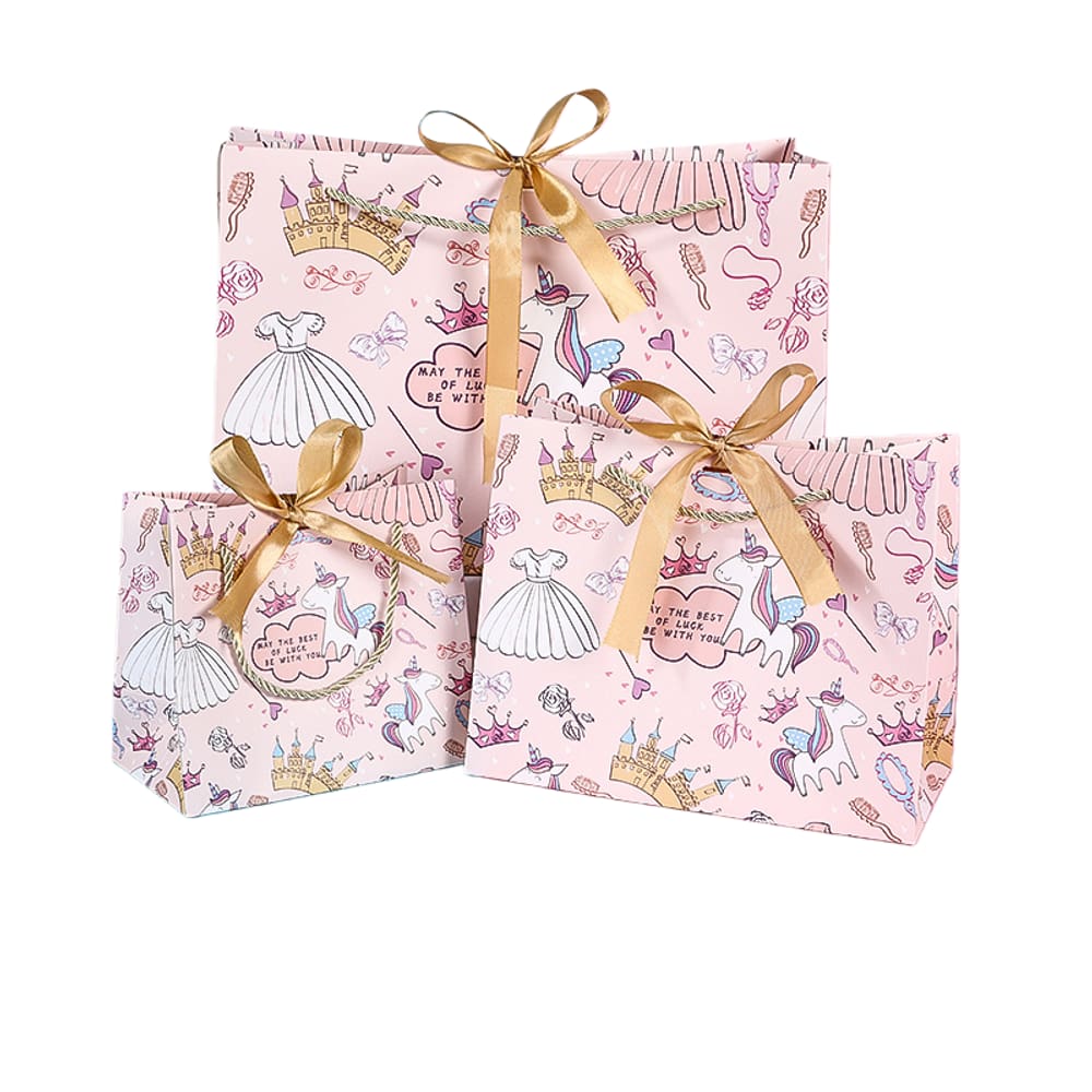 Sacos de festa, papel unicórnio com alças, rosa, conjunto de 3 tamanhos