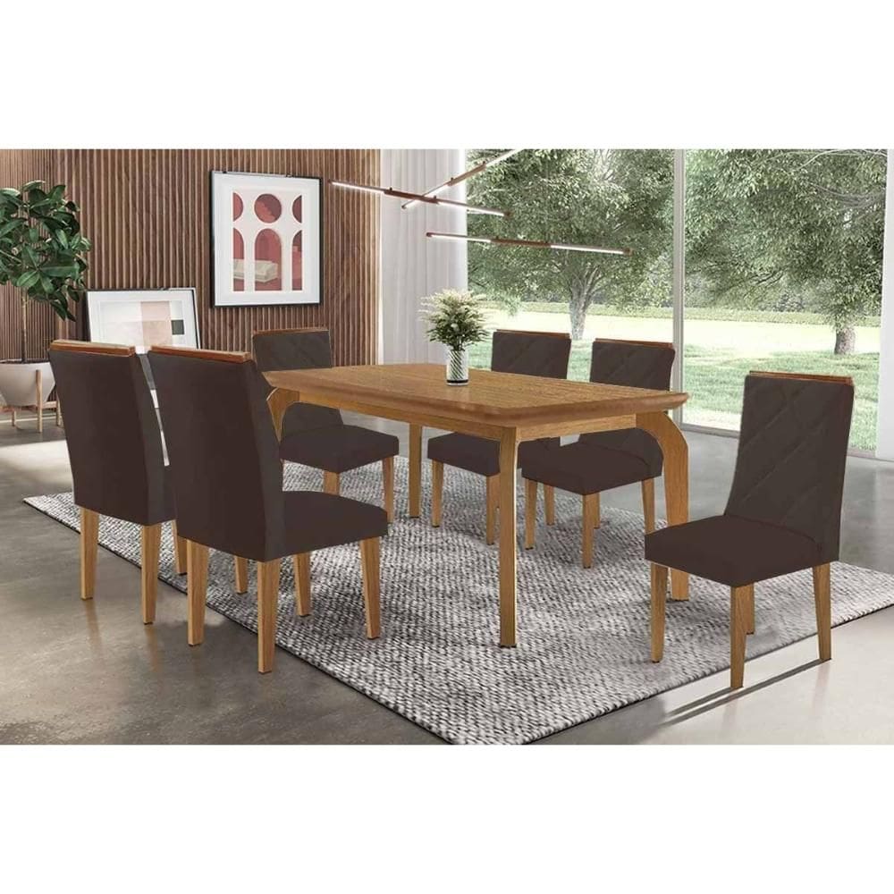 Sala Jantar Mesa Londrina Tampo Curvo 180cm+6 Cadeiras Pietá Madeira Naturale - Capuccino/Suede Marrom - Rufato