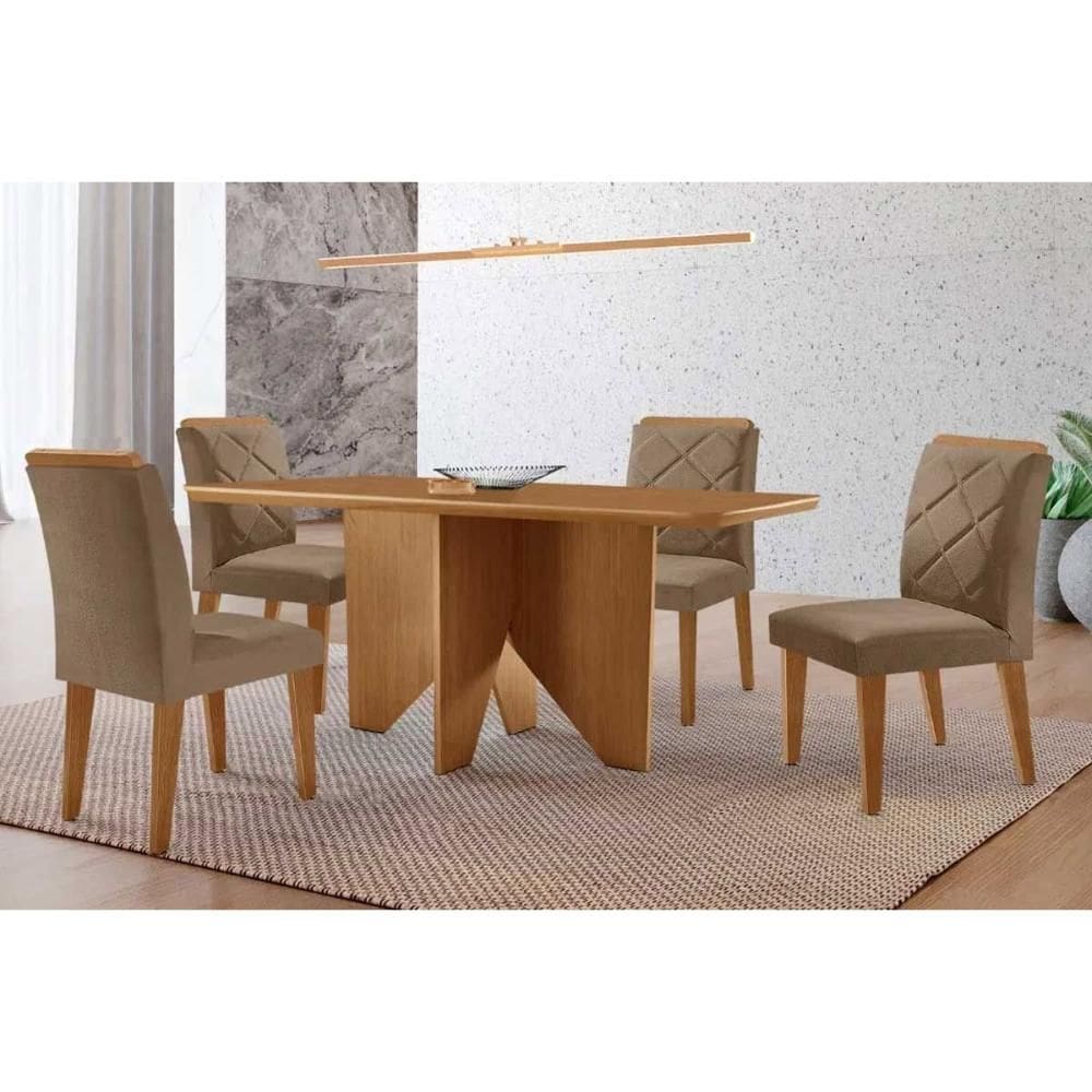 Sala Jantar Mesa Nevada Tampo Curvo 120cm+4 Cadeiras Pietá Madeira Naturale - Capuccino/Linho Capuccino - Rufato