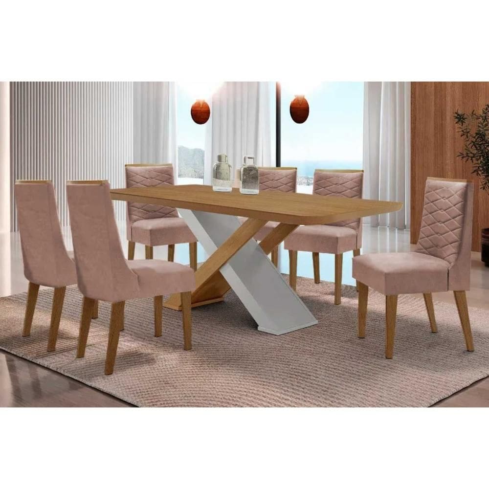 Sala Jantar Mesa Imperatriz Tampo Curvo 180cm+6 Cadeiras Maldivas Madeira Naturale/Off White - Capuccino/Linho Capuccino - Rufato