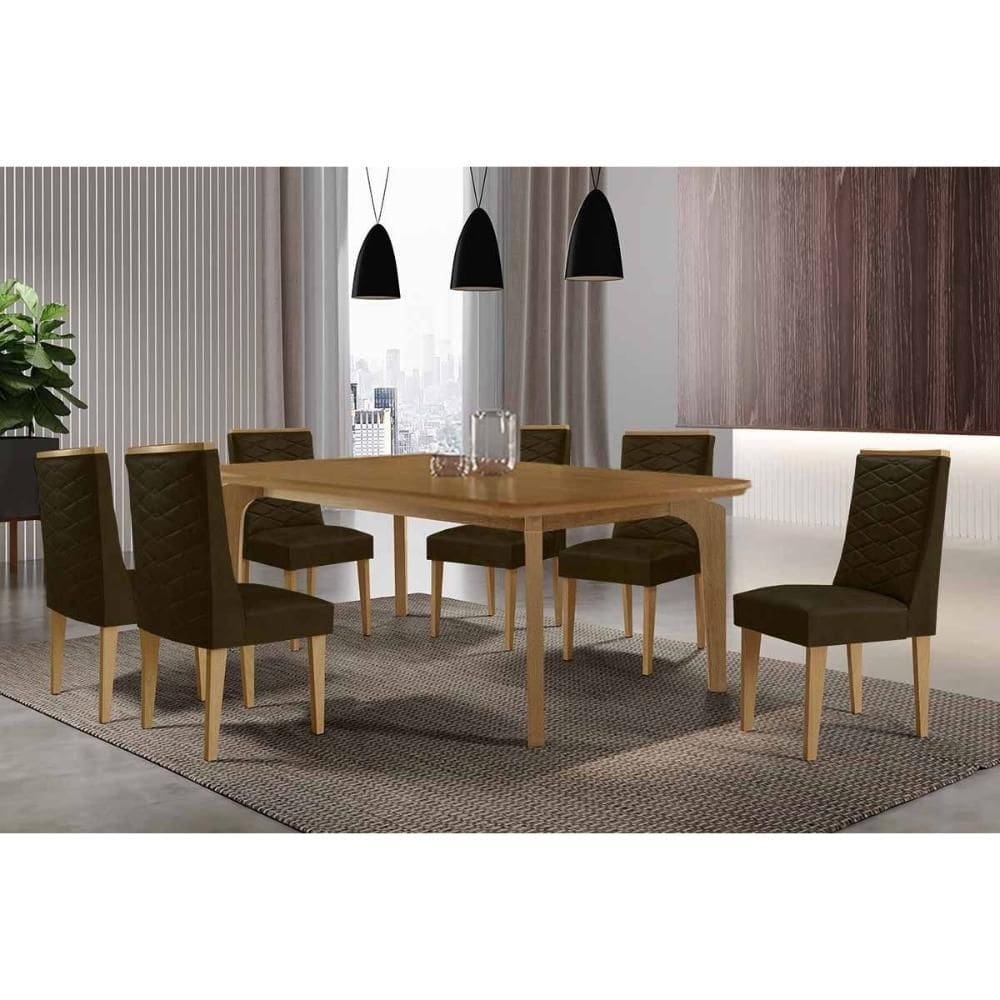 Sala Jantar Mesa Londrina Tampo Curvo 180cm+6 Cadeiras Dafne Madeira Naturale - Capuccino/Suede Marrom - Rufato