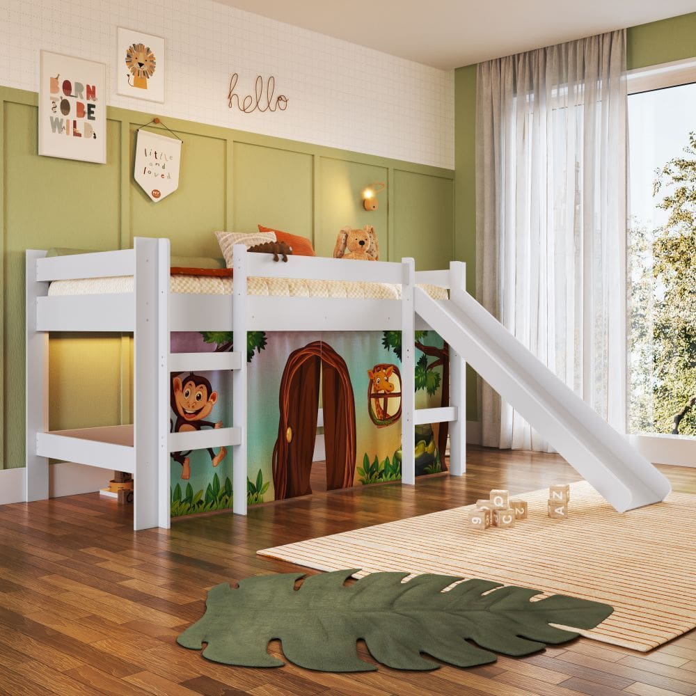 Cama Infantil Alta com Escorregador e Cortina Kids Completa Moveis