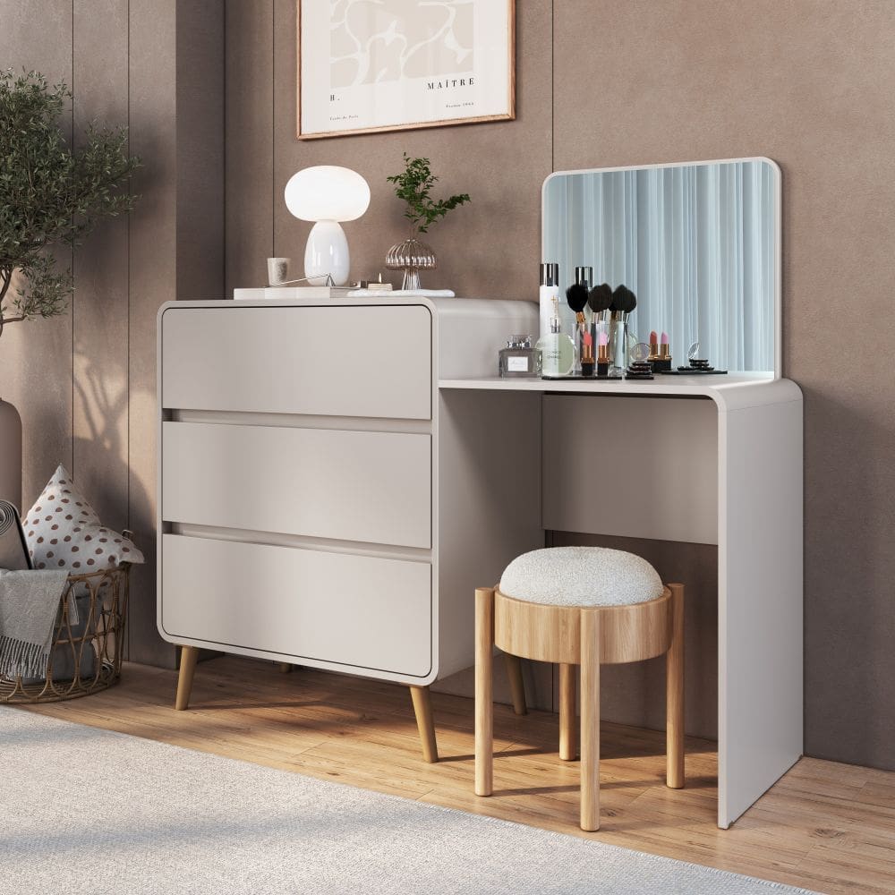 Comoda Penteadeira com Espelho 3 Gavetas e Pes Curve Completa Moveis