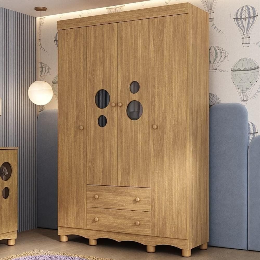 Guarda-roupa Infantil 122cm Com Vidro 4 Portas E 2 Gavetas Suspiro Multimóveis MP4458 Madeirado