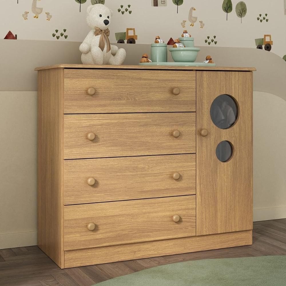 Cômoda Infantil 95cm 1 Porta Com Vidro E 4 Gavetas Pirulito Multimóveis MP4469 Madeirado