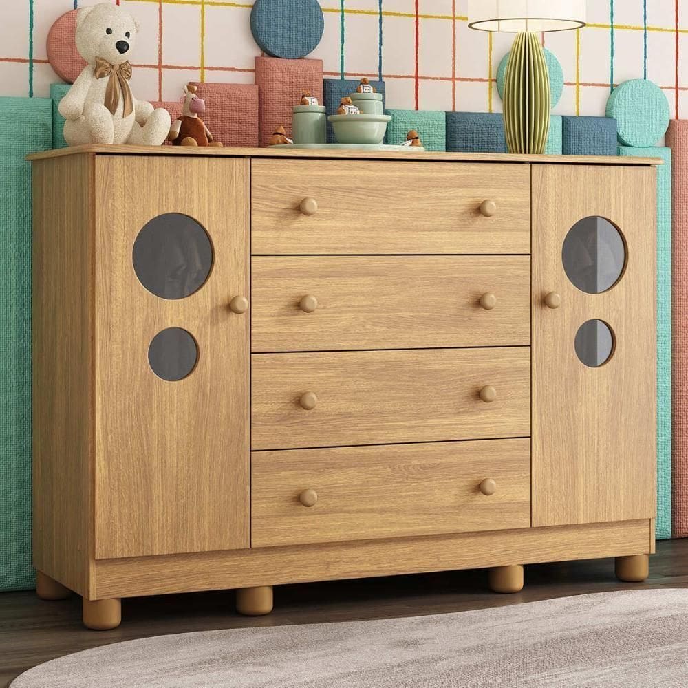 Cômoda Infantil 125cm 2 Portas Com Vidro E 4 Gavetas Bombom Multimóveis MP4465 Madeirado