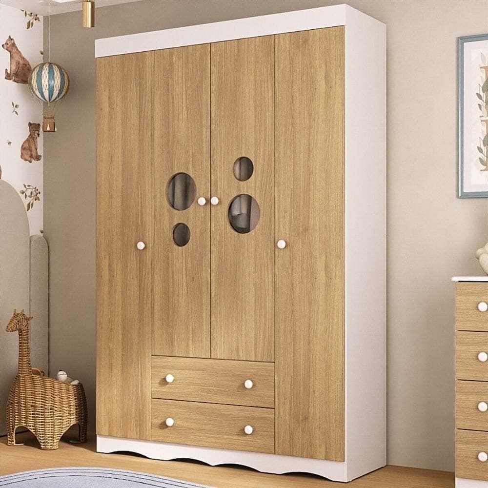 Guarda-roupa Infantil 122cm Com Vidro 4 Portas E 2 Gavetas Sonho Multimóveis MP4473 Branco-madeirado