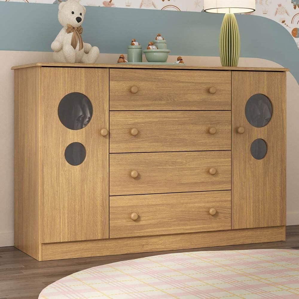 Cômoda Infantil 125cm 2 Portas Com Vidro E 4 Gavetas Pirulito Multimóveis MP4470 Madeirado