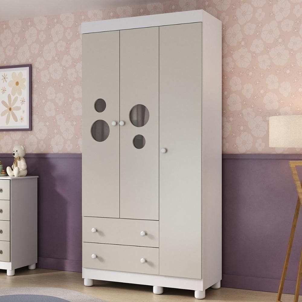 Guarda-roupa Infantil 92cm Com Vidro 3 Portas E 2 Gavetas Bombom Multimóveis MP4462 Branco-off White